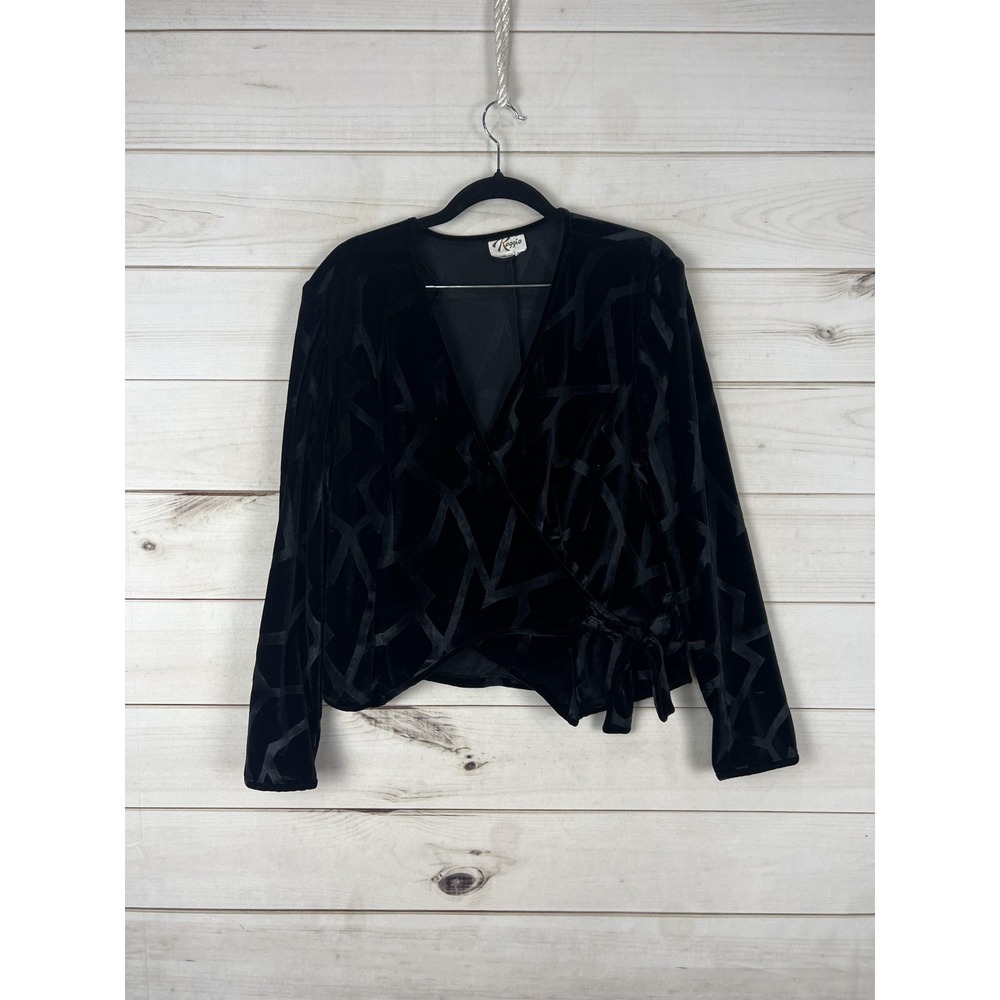 Reggio Blouse Womens Medium Black Velvet Wrap Tie V Neck Geometric Burnout Goth